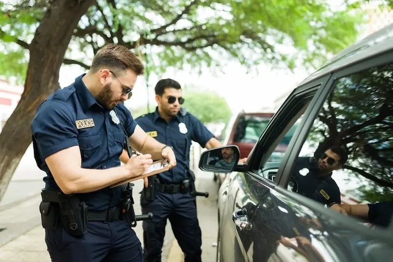 Driver speaking with police officers at an accident scene, illustrating what to do after an accident in Raymondville.
